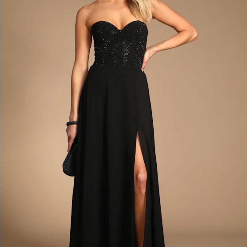 Lulu's Strapless Black Sequin Bodice Evening Gown with Side Slit